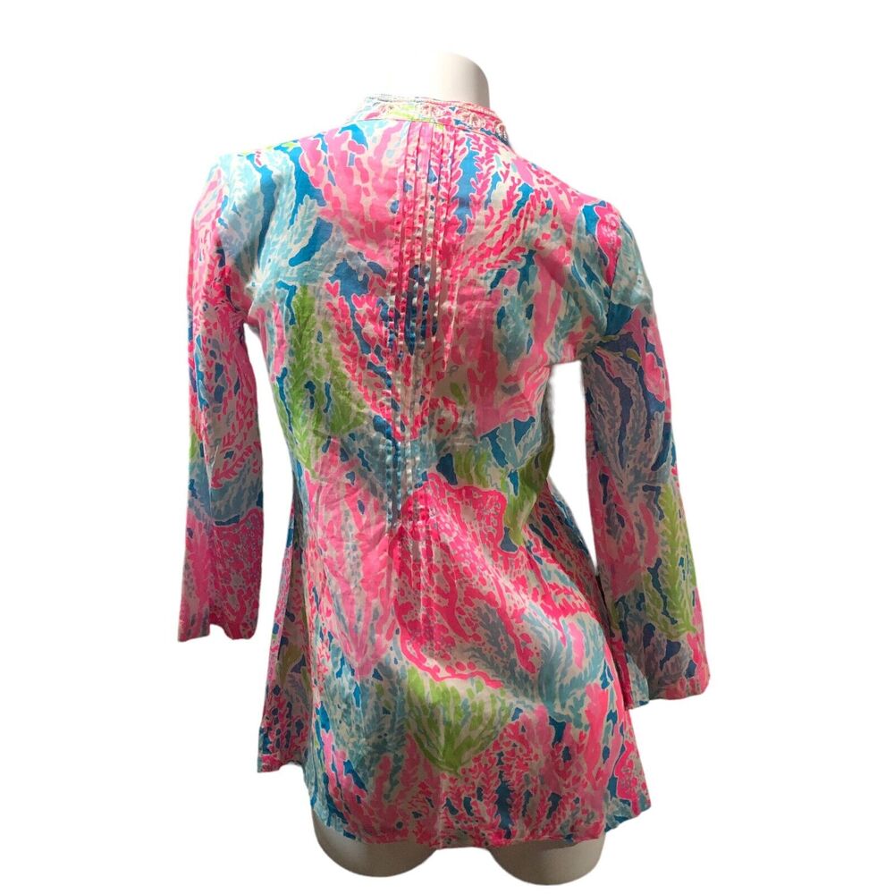 Lilly Pulitzer Let's Cha Cha Sarasota Tunic Blouse Top Beaded Pink Blue Sz Small - Picture 3 of 5